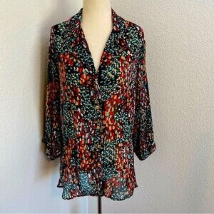 Joanna Puff 3/4 Sleeve Sheer Gold Accent Blue Red Black Sexy Top Size 2X